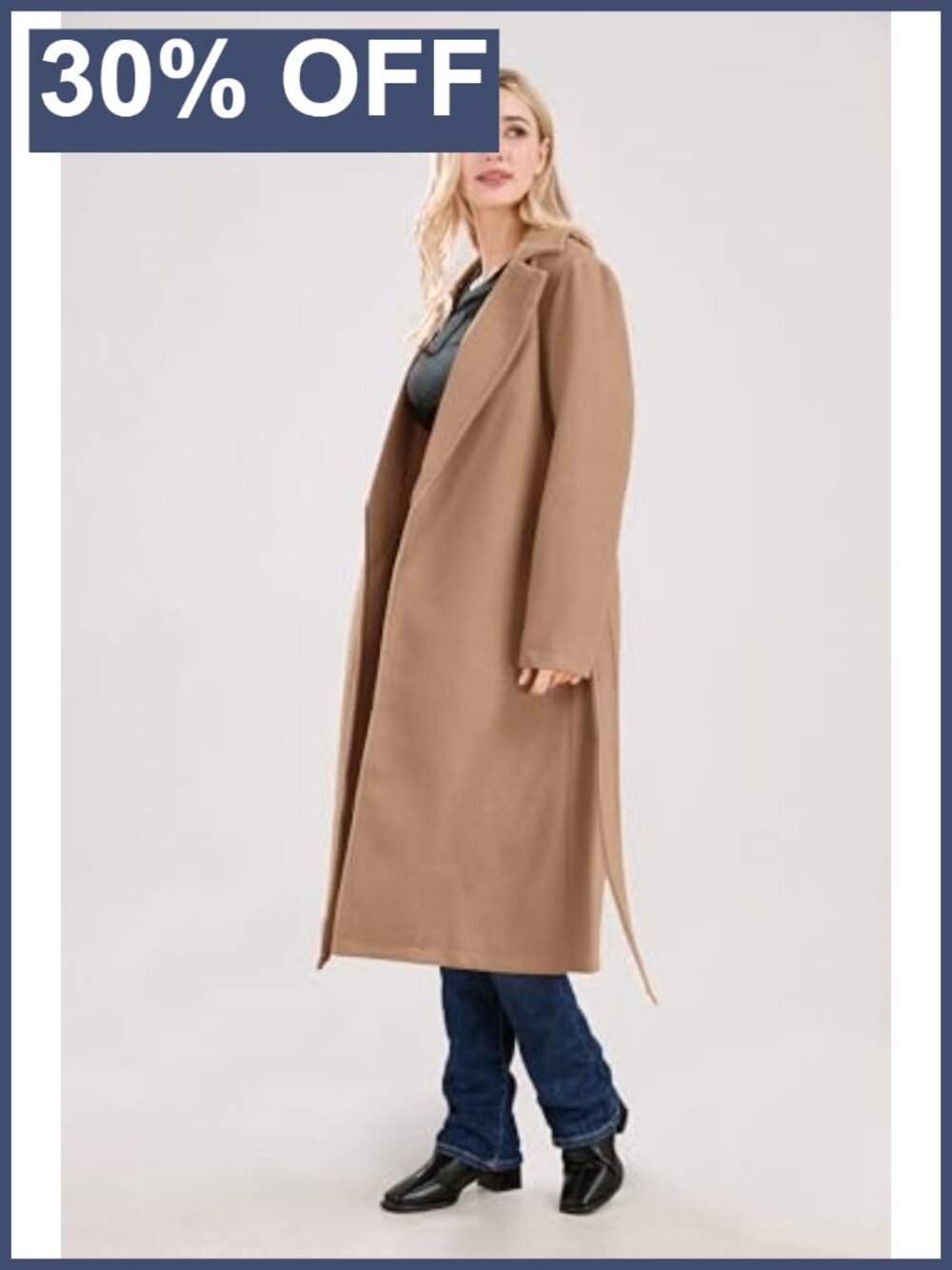 Wool Blend Long Pea Coat Belted Notch Collar Trench Overcoat - Picture 5 of 6